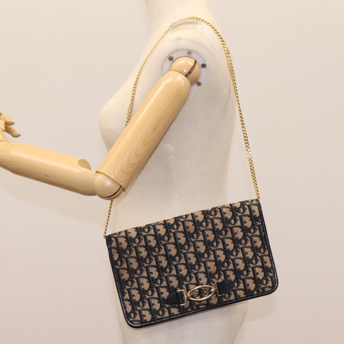 Christian Dior Trotter Canvas Chain Shoulder Bag Navy Gold Auth mr1030