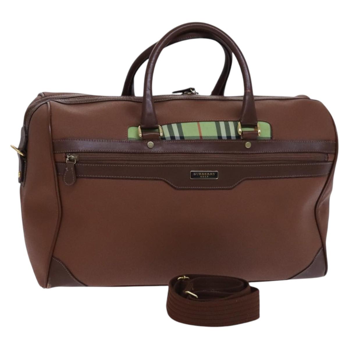 BURBERRY Nova Check Boston Bag Leather 2way Brown Green Auth mr1062