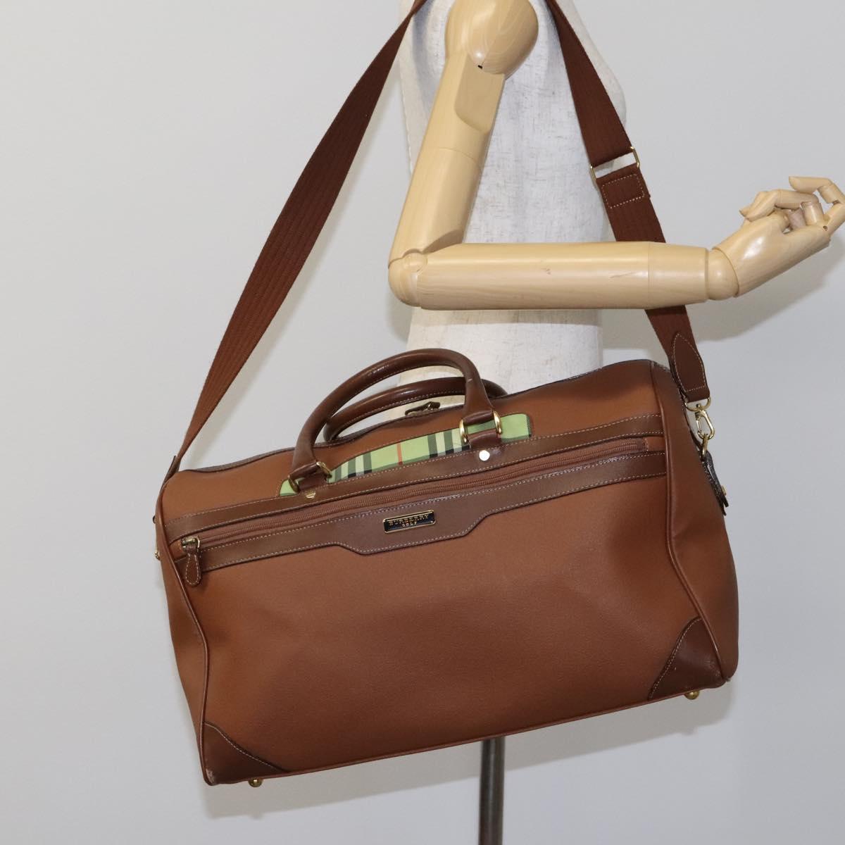 BURBERRY Nova Check Boston Bag Leather 2way Brown Green Auth mr1062
