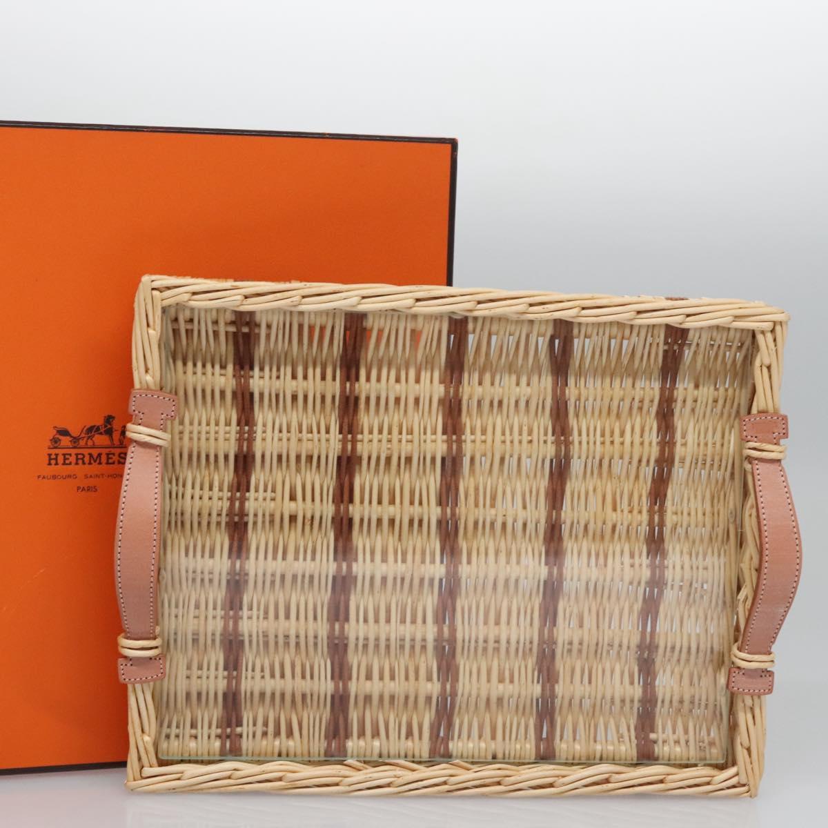 HERMES Wicker Tray Wood Beige Auth mr1065A