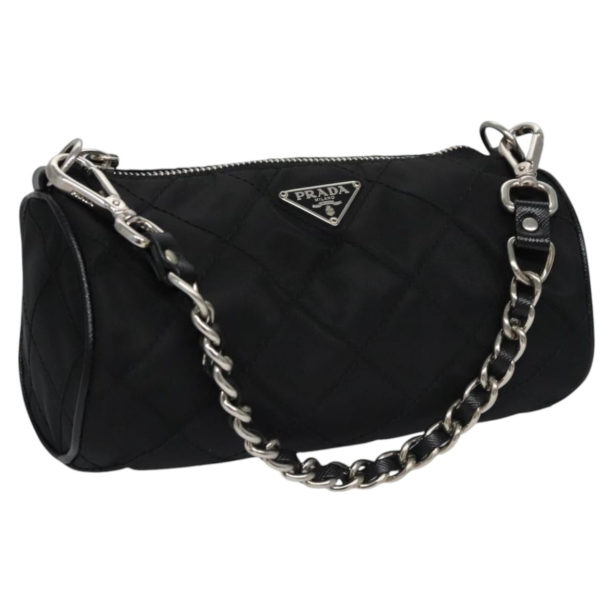 PRADA Chain Hand Bag Nylon Black Silver Auth mr1081V