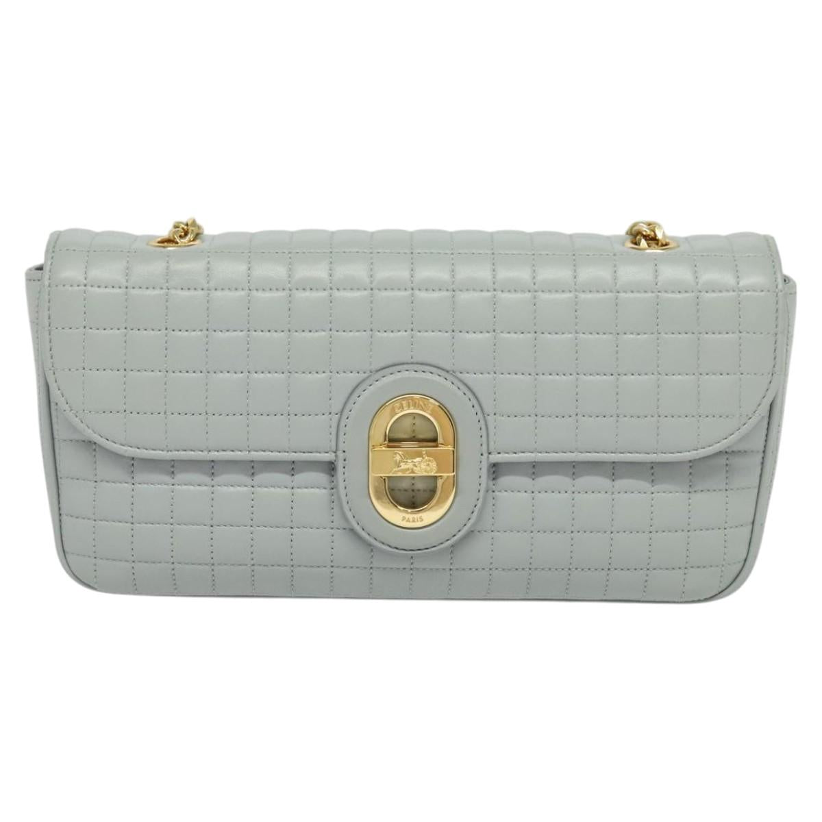 CELINE Quilted Chain Shoulder Bag Lamb Skin Gray Gold Auth mr1084SAV