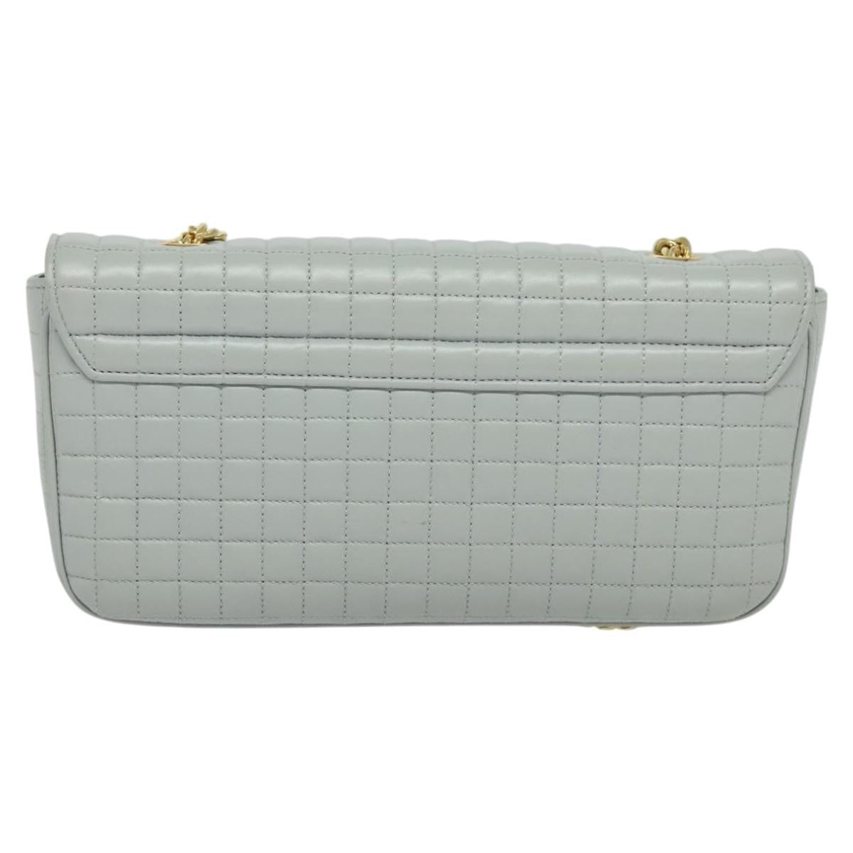 CELINE Quilted Chain Shoulder Bag Lamb Skin Gray Gold Auth mr1084SAV