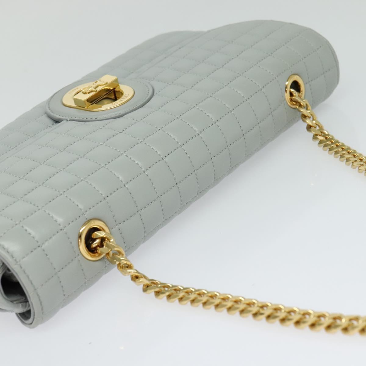 CELINE Quilted Chain Shoulder Bag Lamb Skin Gray Gold Auth mr1084V