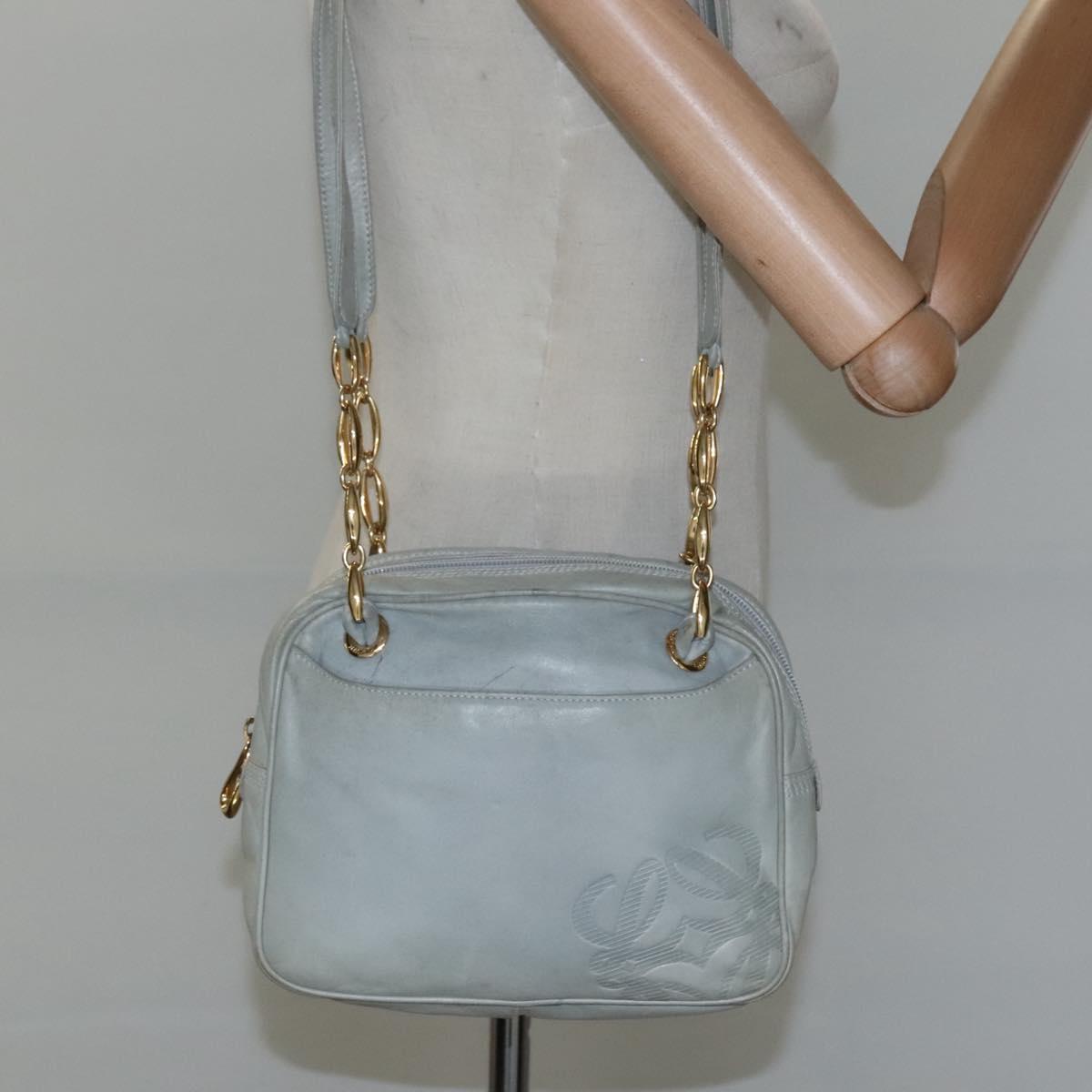 LOEWE Anagram Chain Shoulder Bag Leather Gray Gold Auth mr1092