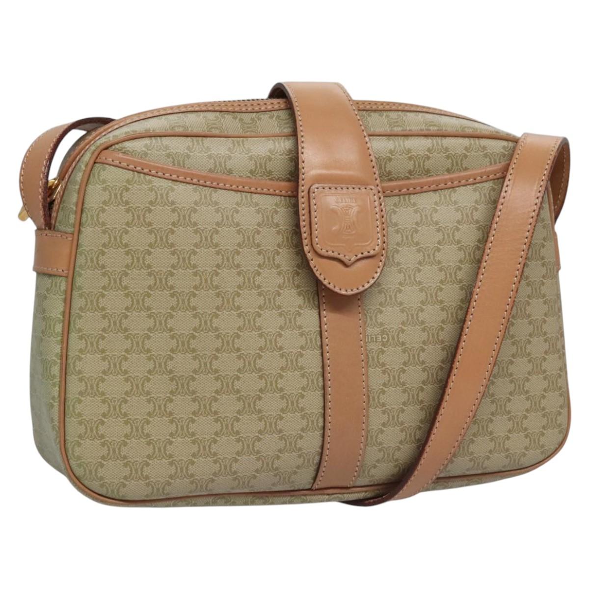 CELINE Macadam Canvas Shoulder Bag Beige Gold Auth mr1099