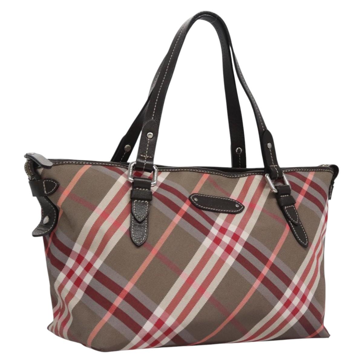 BURBERRY Nova Check Blue Label Hand Bag Nylon Red Brown Auth mr1107
