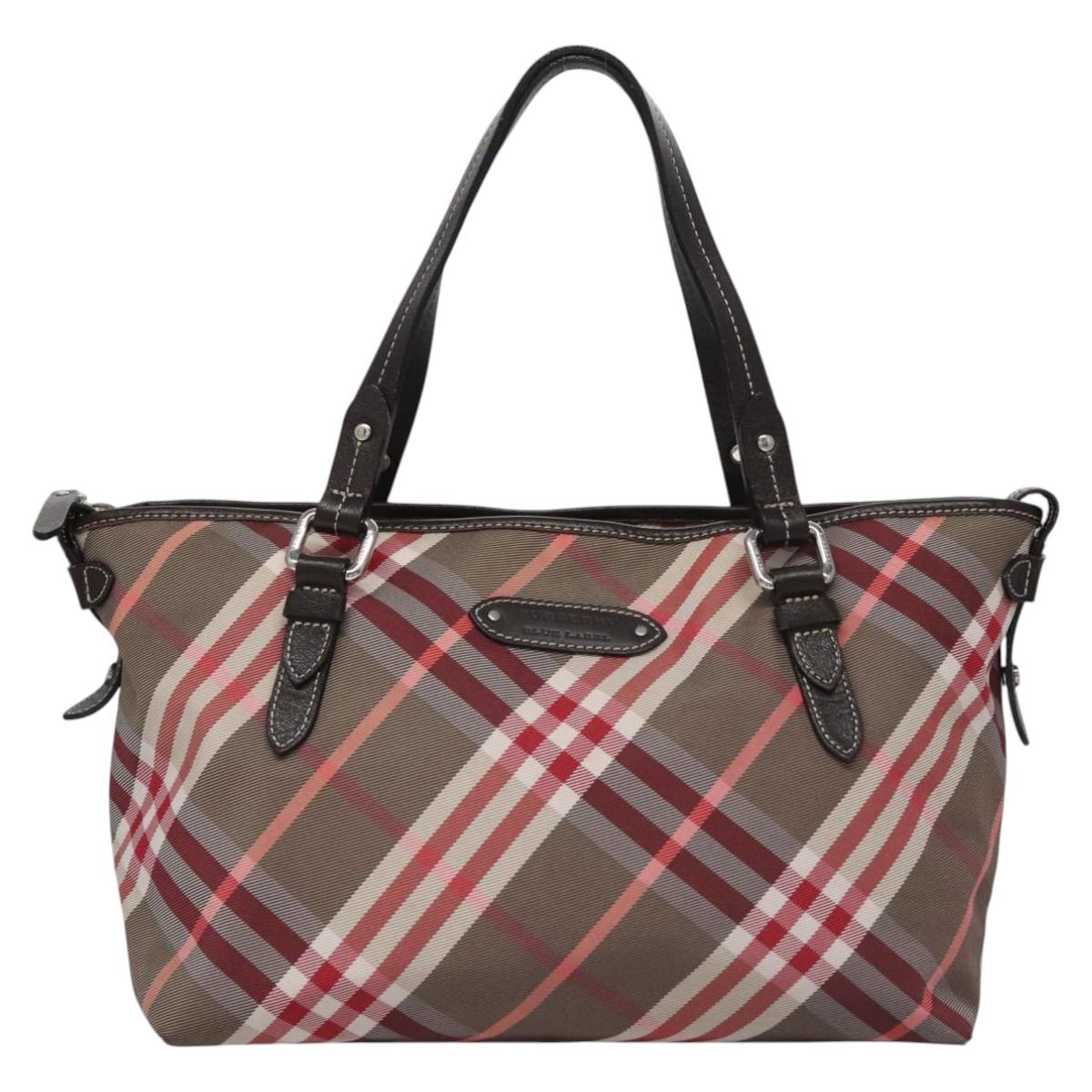 BURBERRY Nova Check Blue Label Hand Bag Nylon Red Brown Auth mr1107