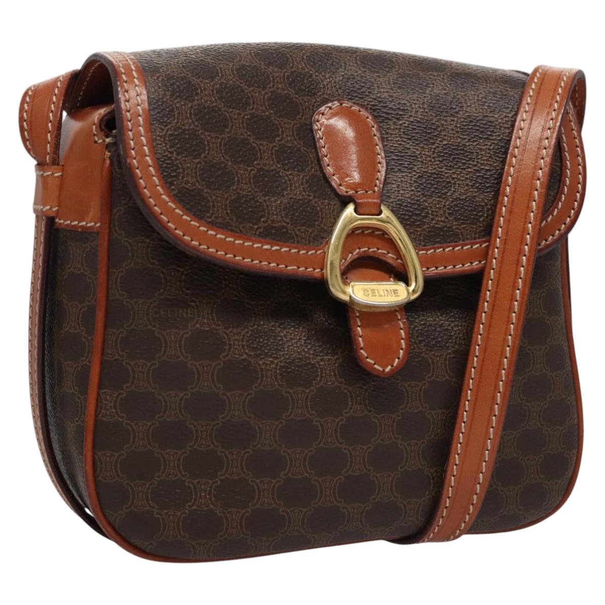 CELINE Macadam Canvas Shoulder Bag PVC Leather Brown Gold Auth mr1125