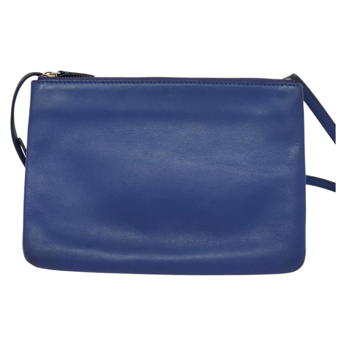 CELINE Trio Shoulder Bag Leather Blue Gold Auth mr1142