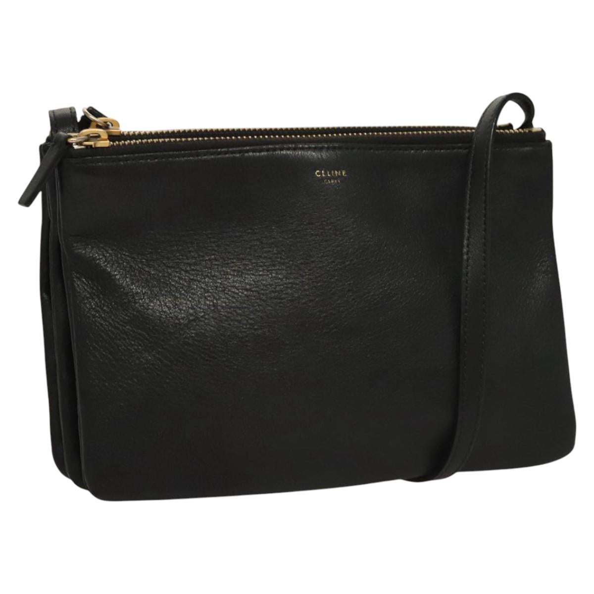CELINE Trio bag Shoulder Bag Leather Black Gold Auth mr1158