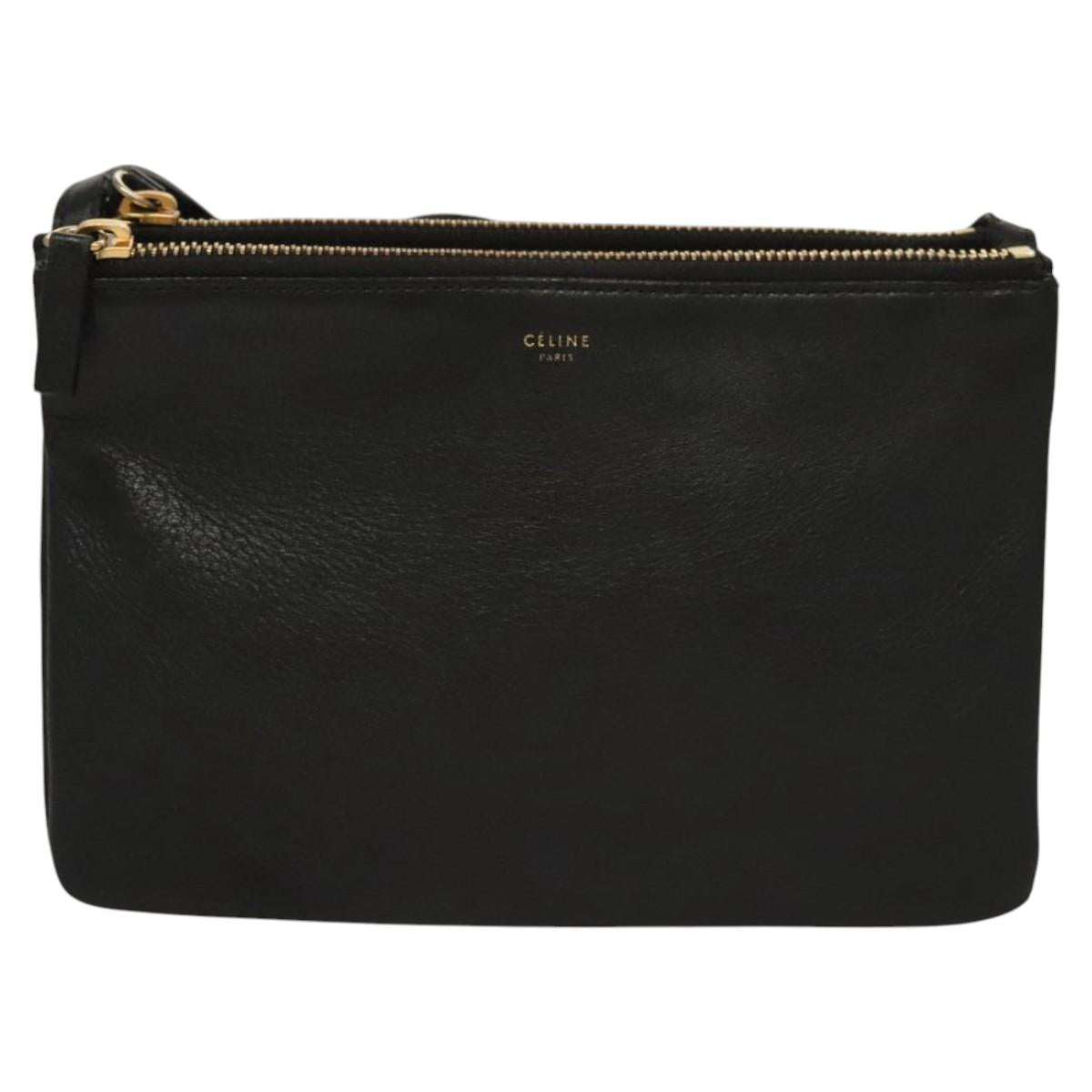 CELINE Trio bag Shoulder Bag Leather Black Gold Auth mr1158