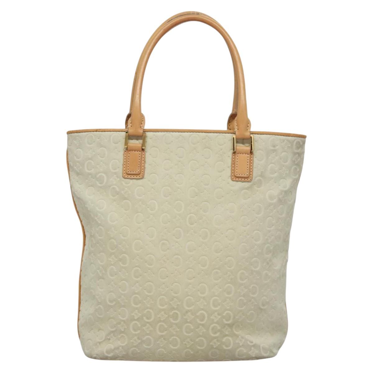 CELINE C Macadam Canvas Tote Bag Suede White Gold Auth mr1231