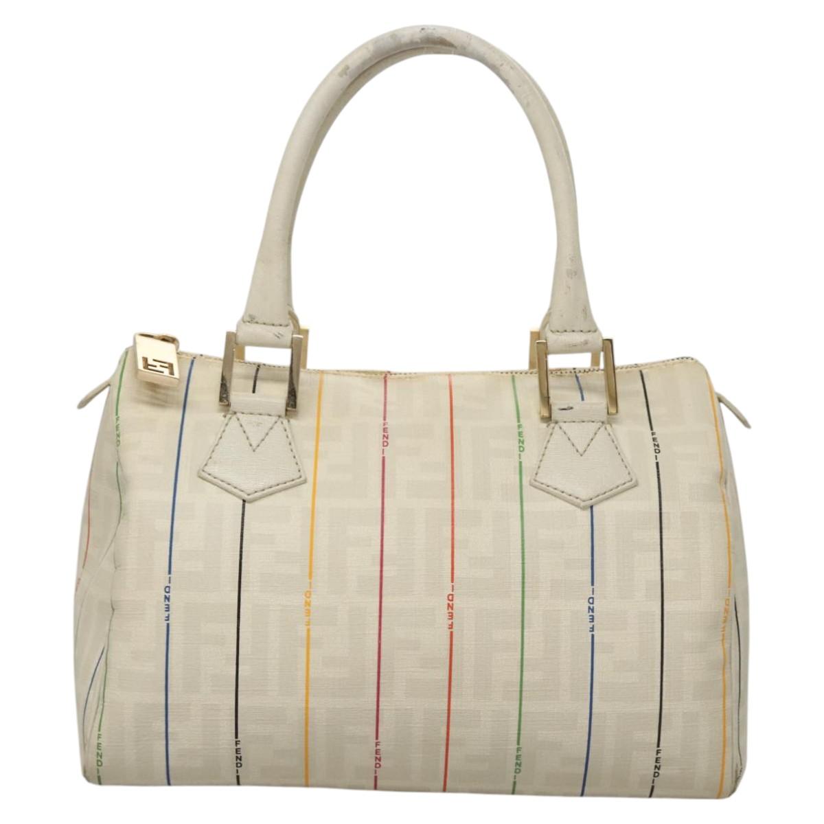 FENDI Zucca Canvas Boston Bag PVC White Gold Auth mr1249
