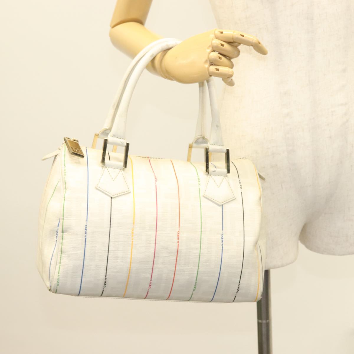 FENDI Zucca Canvas Boston Bag PVC White Gold Auth mr1249