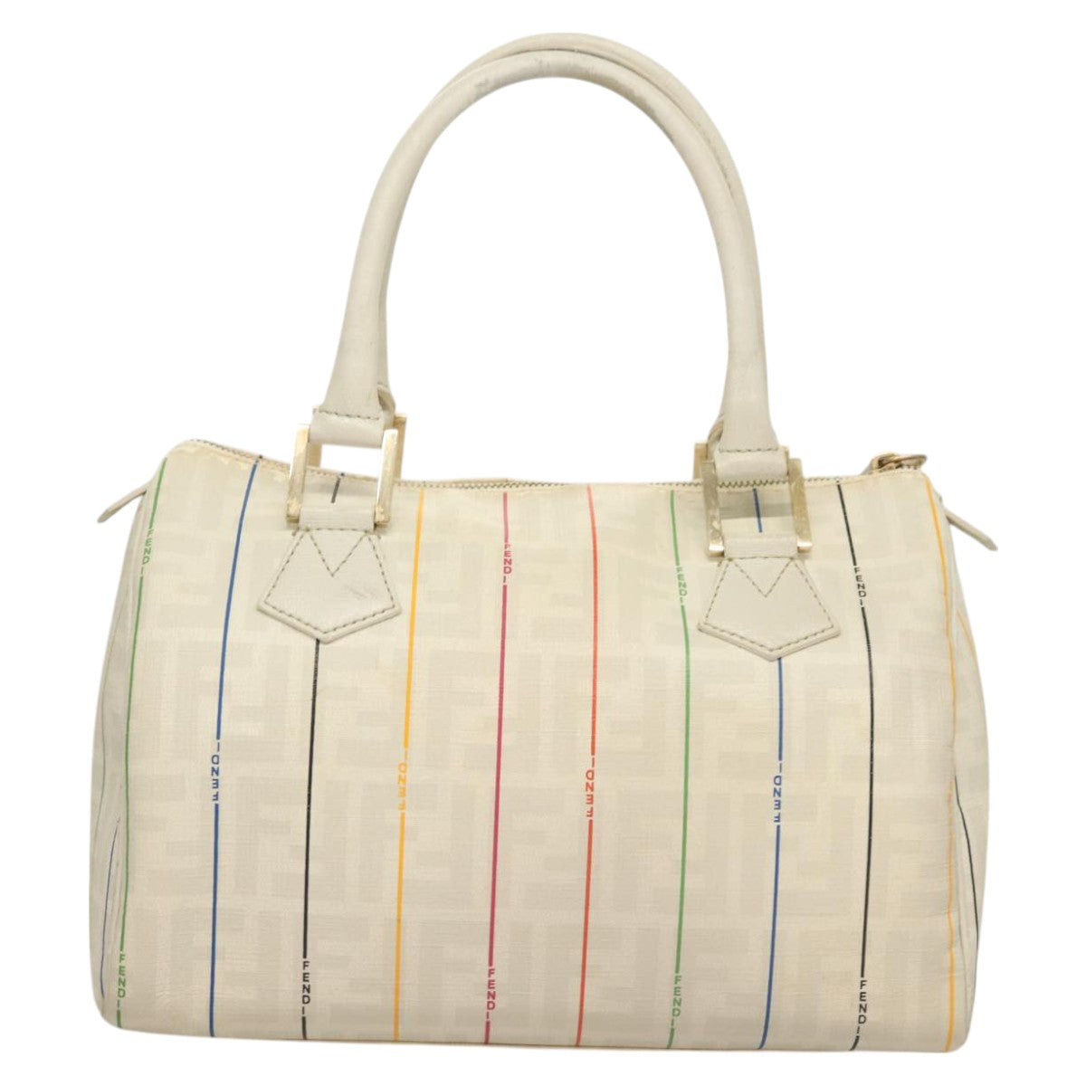 FENDI Zucca Canvas Boston Bag PVC White Gold Auth mr1249