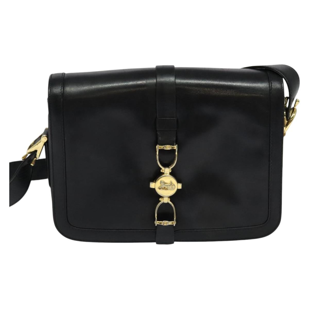 CELINE Shoulder Bag Leather Black Gold Auth mr1261