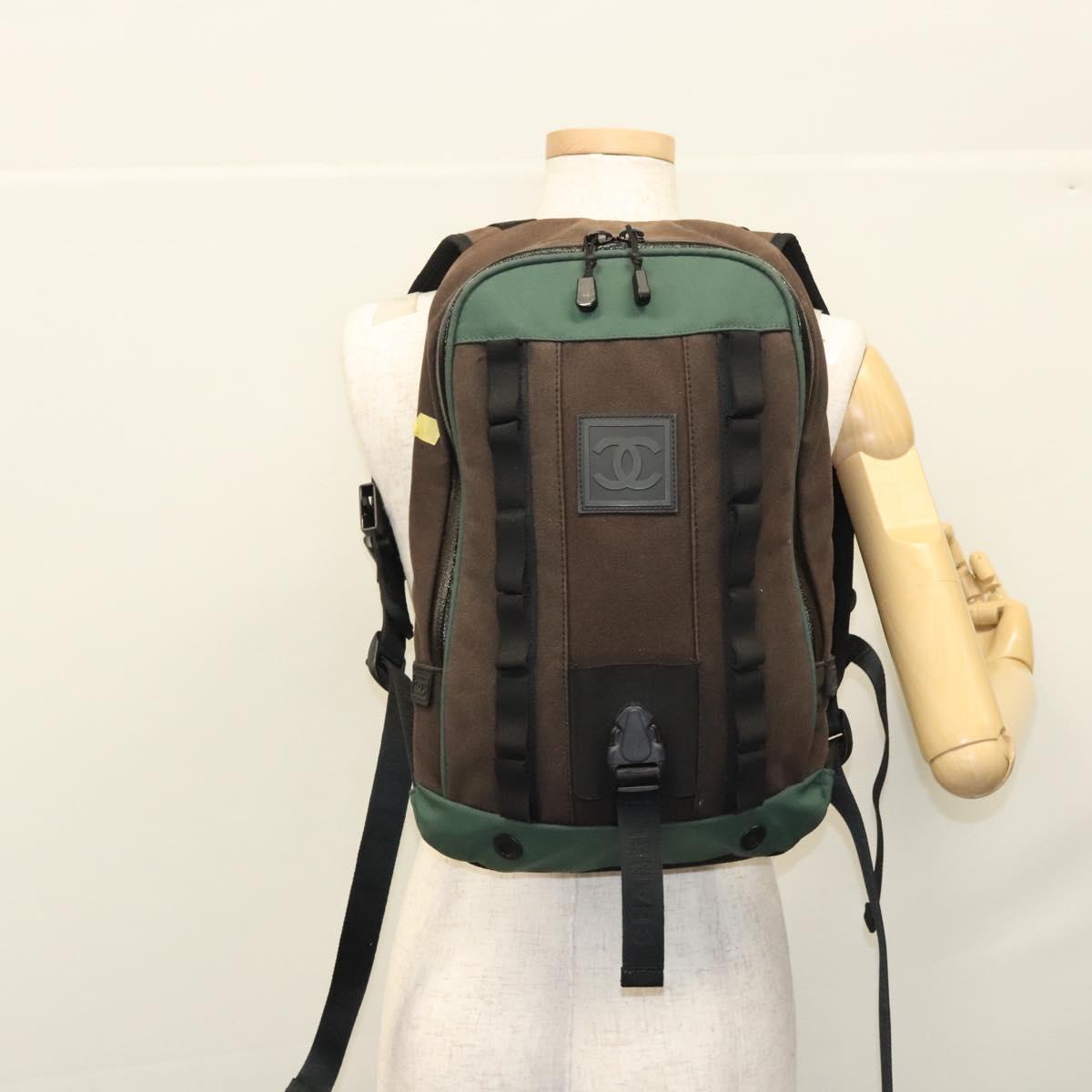 CHANEL Sports Backpack Canvas nylon Green Brown CC Auth mr1265