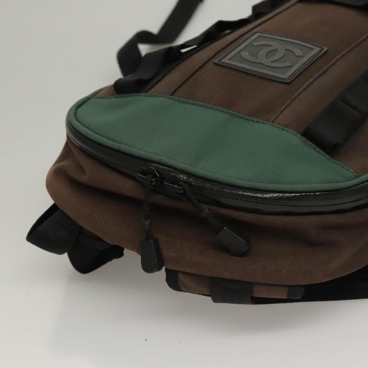 CHANEL Sports Backpack Canvas nylon Green Brown CC Auth mr1265