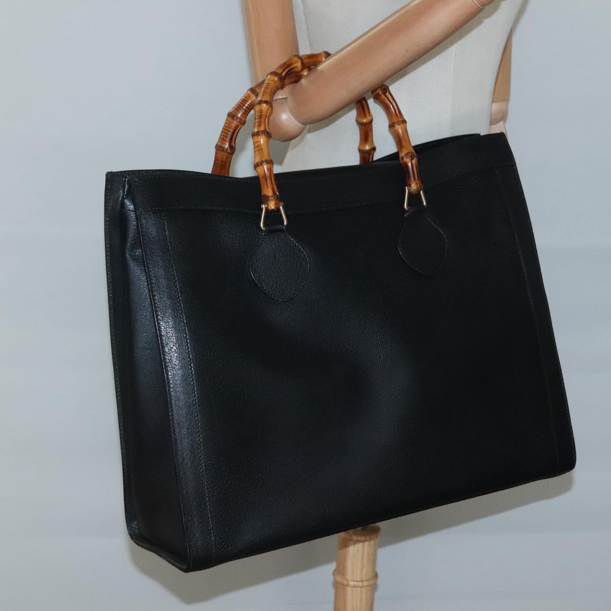 GUCCI Bamboo Hand Bag Leather Black Gold 002 1186 0259 Auth mr1334