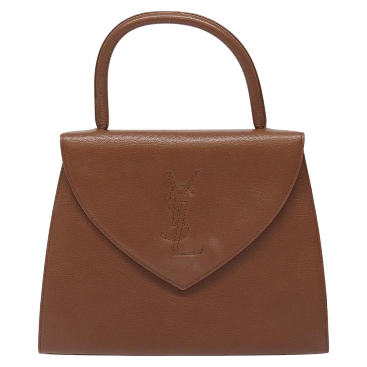 SAINT LAURENT Hand Bag Leather Brown Gold Auth mr1347