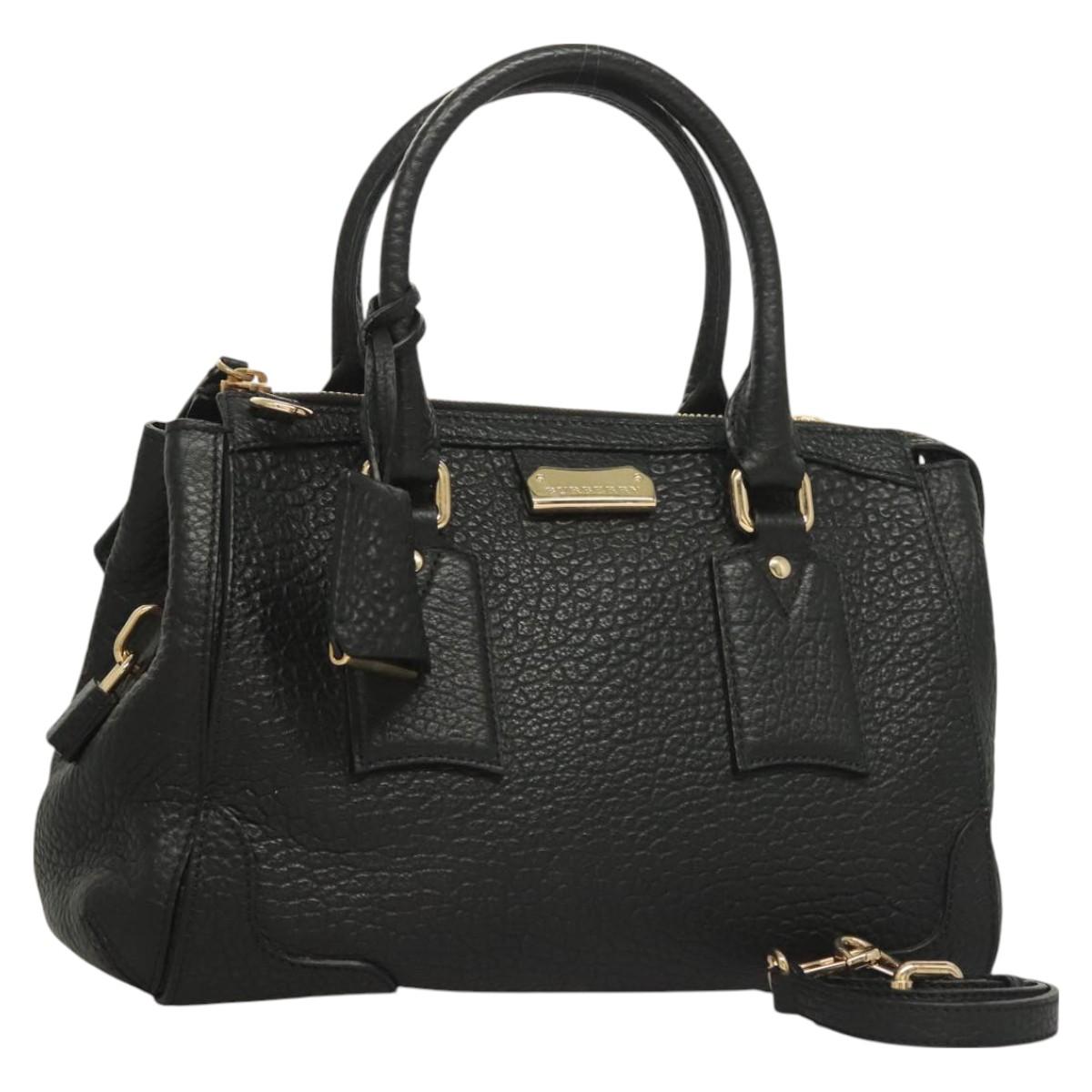 BURBERRY Hand Bag Leather 2way Black Gold Auth mr1365