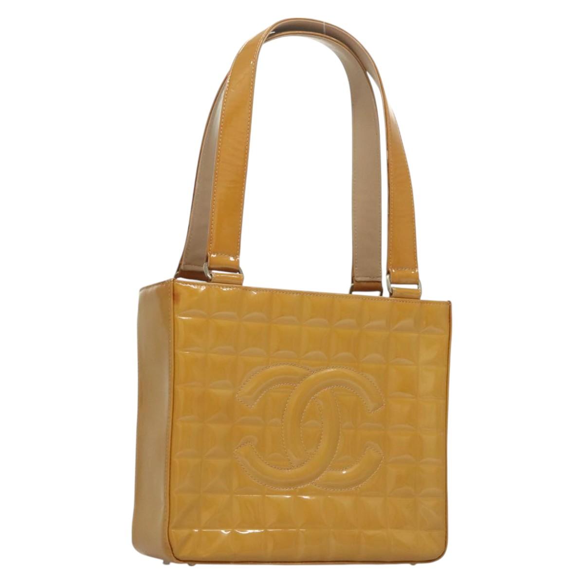 CHANEL Choco Bar Hand Bag Patent Leather Yellow Silver CC Auth mr1387