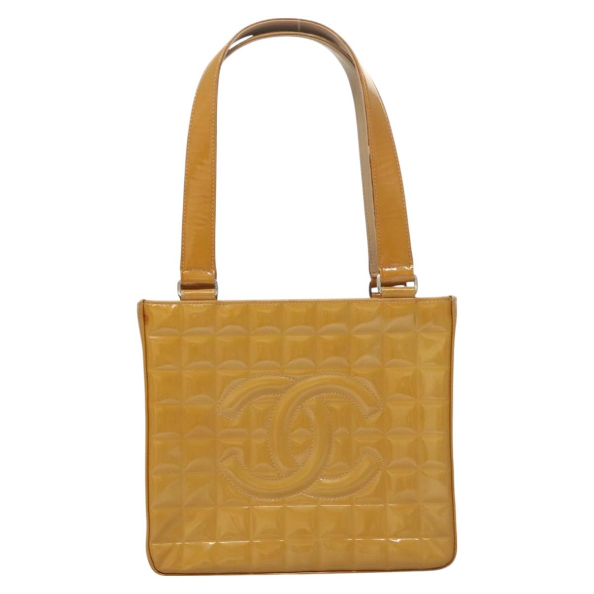 CHANEL Choco Bar Hand Bag Patent Leather Yellow Silver CC Auth mr1387
