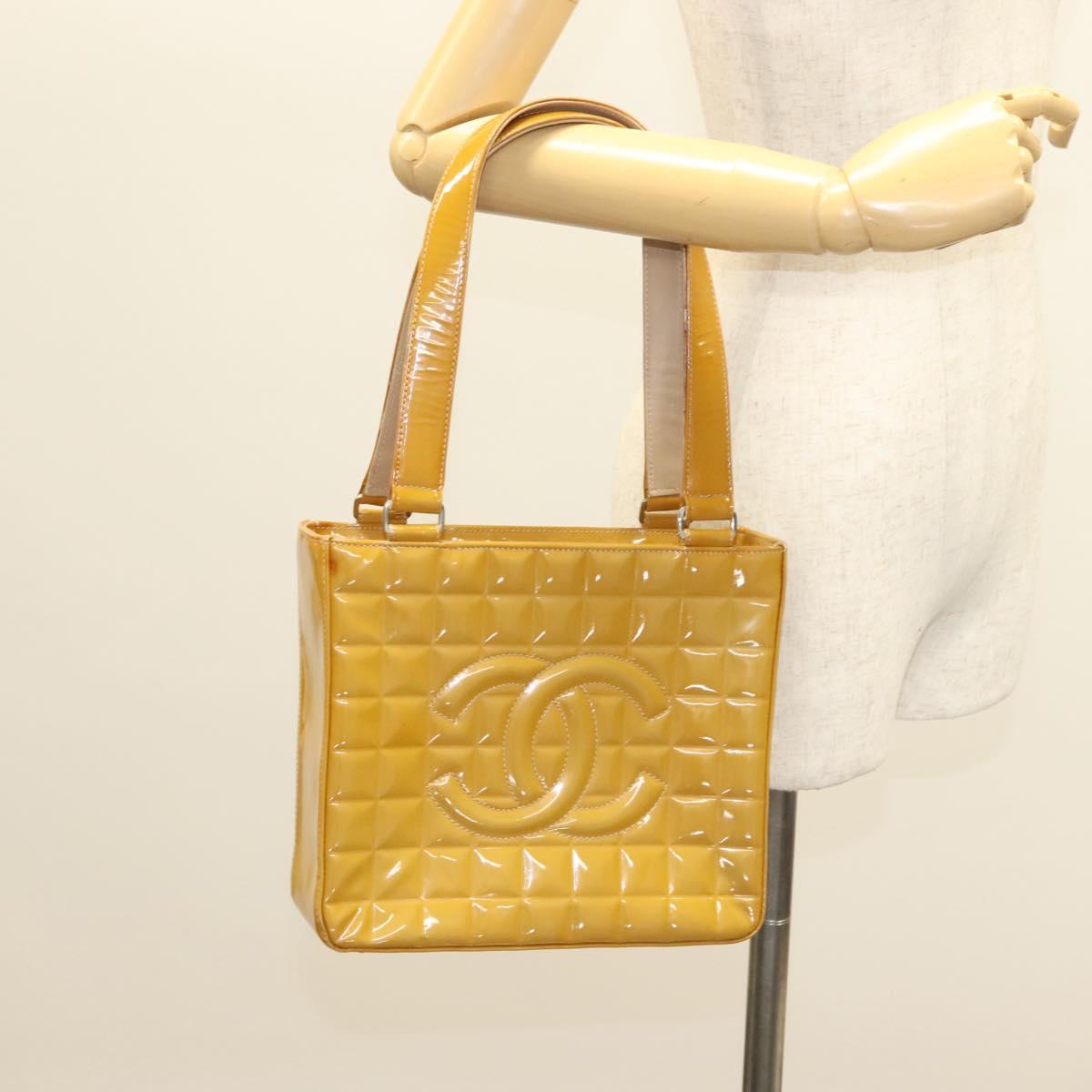 CHANEL Choco Bar Hand Bag Patent Leather Yellow Silver CC Auth mr1387