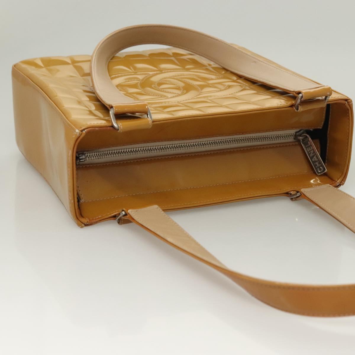 CHANEL Choco Bar Hand Bag Patent Leather Yellow Silver CC Auth mr1387