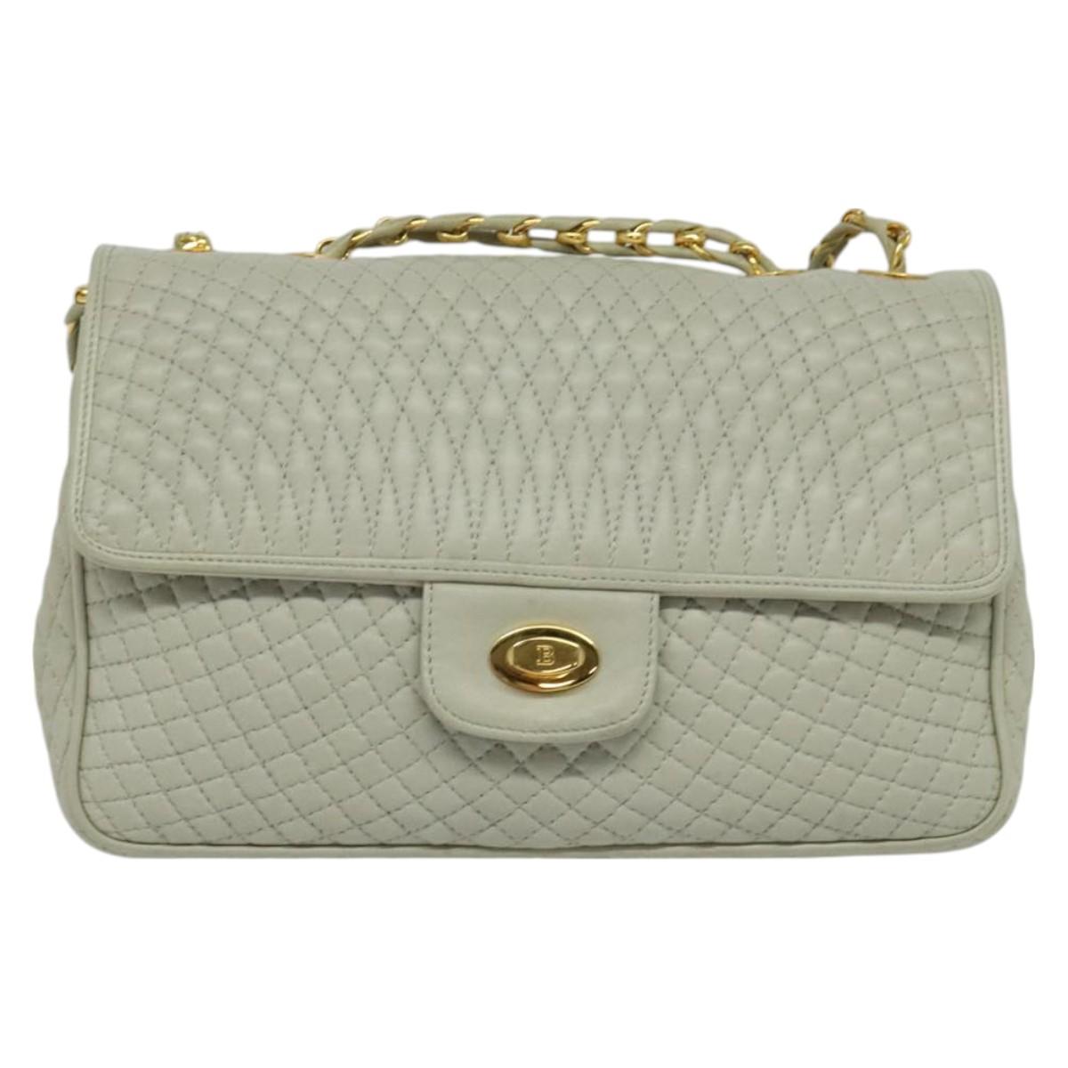 BALLY Quilted Chain Shoulder Bag Leather Beige Gold Auth mr1446