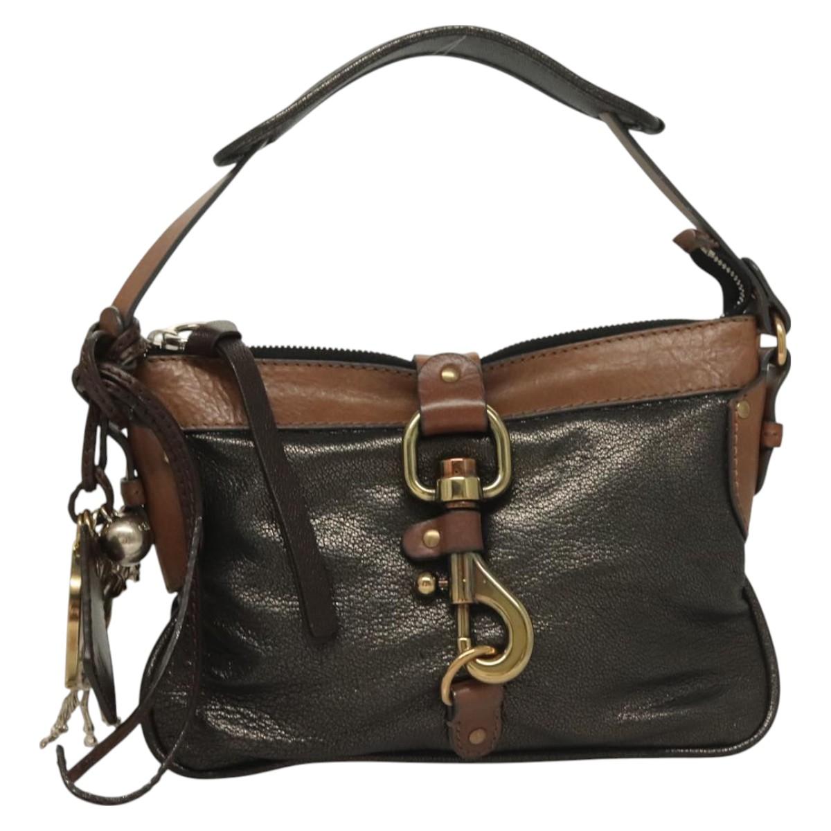 Chloe Kerala Horse Hand Bag Leather Black Gold Auth mr1458
