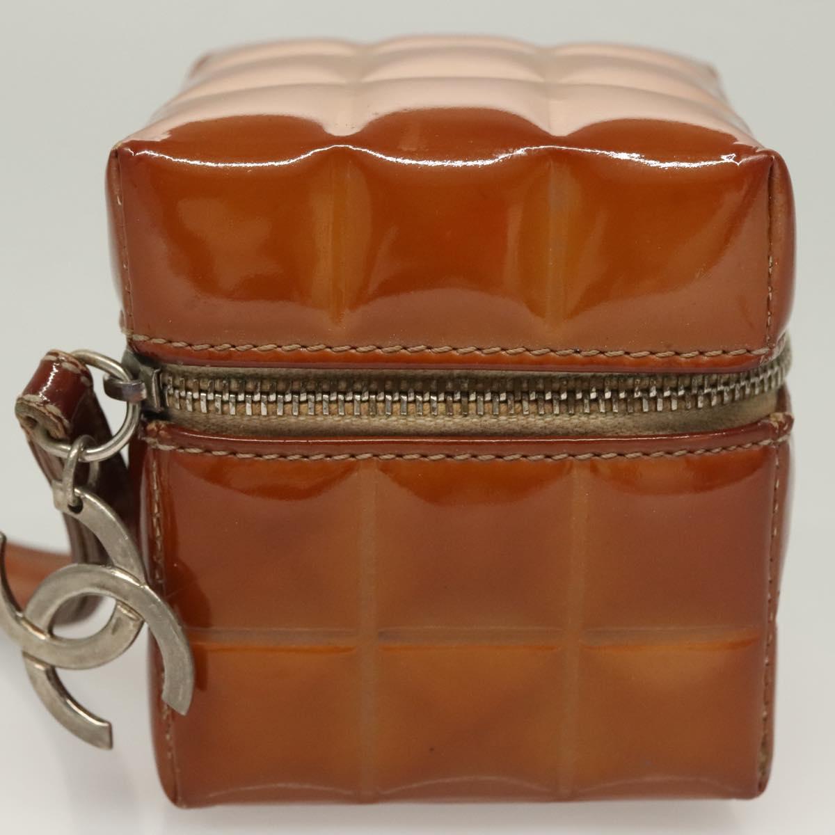 CHANEL Choco Bar Cube Pouch Patent leather Brown Silver CC Auth mr1474