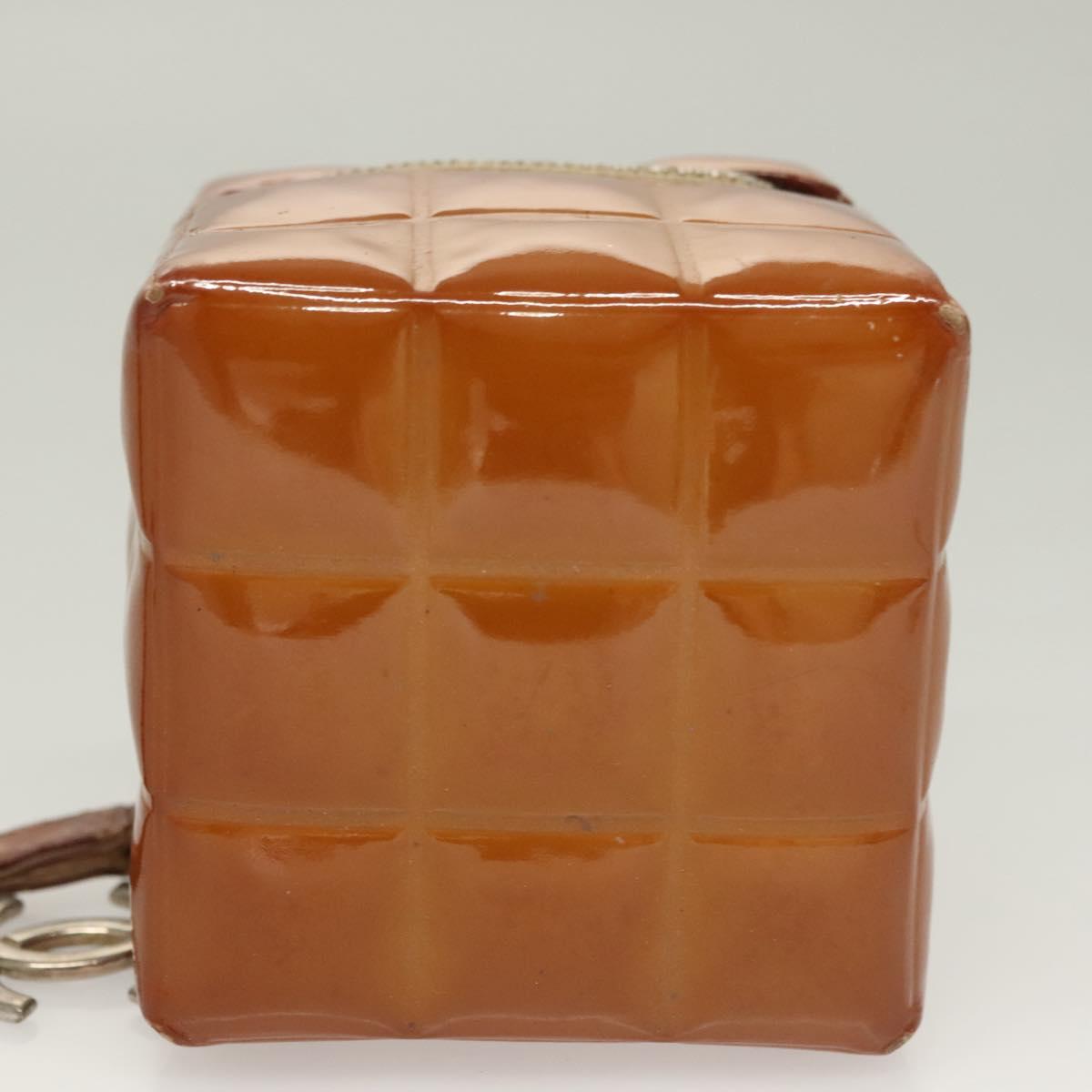 CHANEL Choco Bar Cube Pouch Patent leather Brown Silver CC Auth mr1474