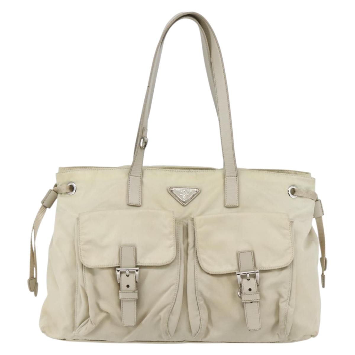 PRADA Tote Bag Nylon Beige Silver Auth mr1510