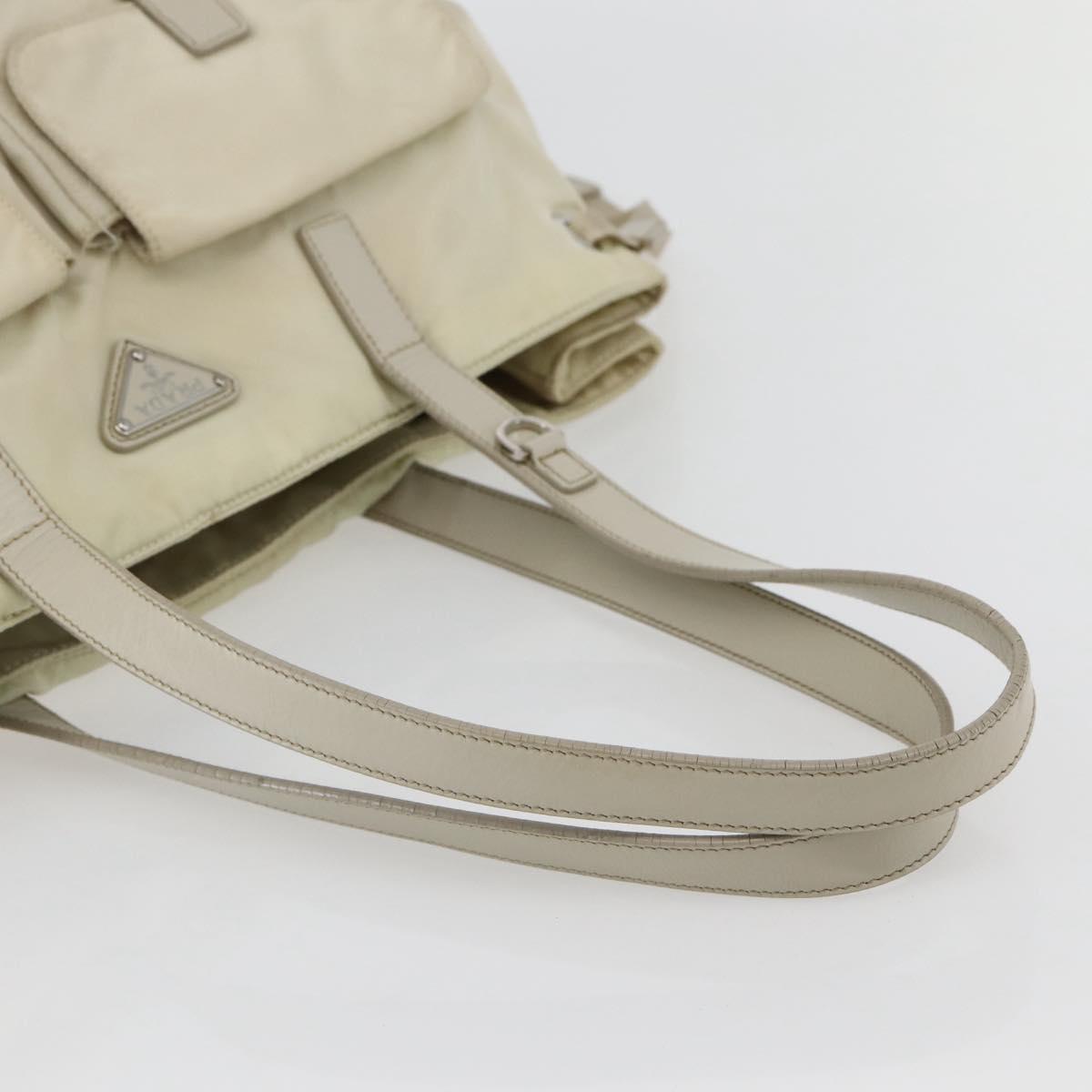 PRADA Tote Bag Nylon Beige Silver Auth mr1510
