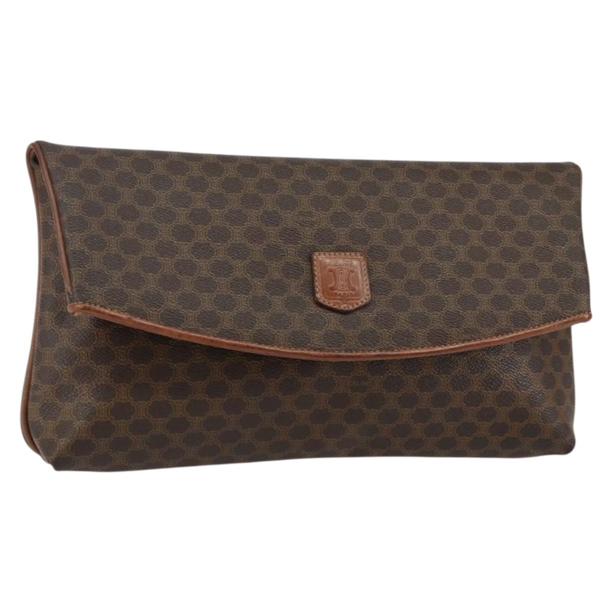 CELINE Macadam Canvas Clutch Bag PVC Leather Brown Gold Auth mr1513