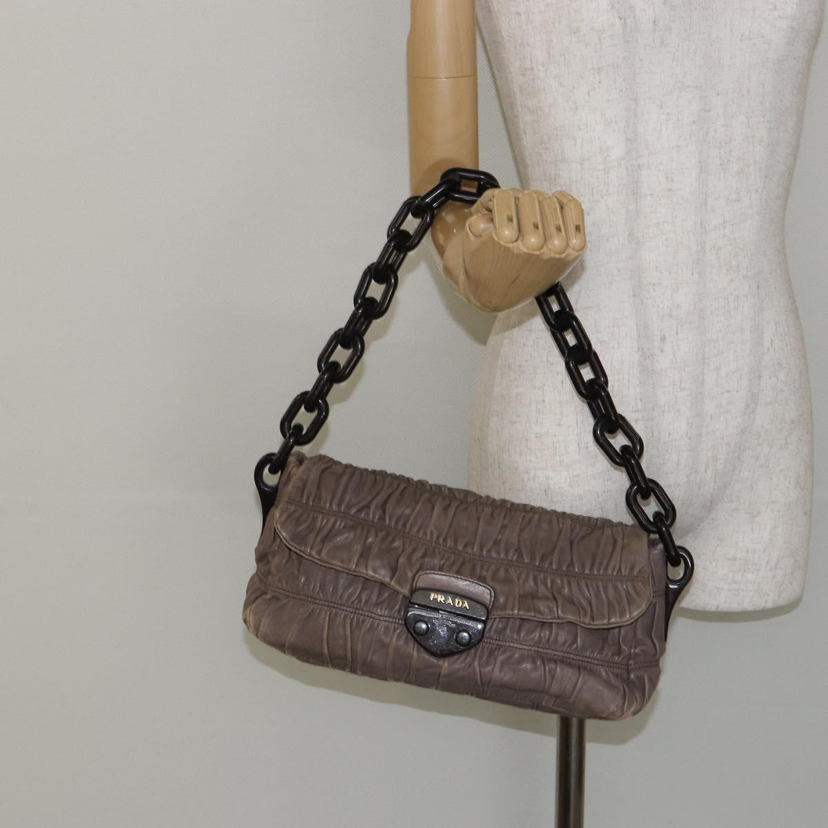 PRADA Quilted Gathered Shoulder Bag Leather plastic Brown Auth mr1517