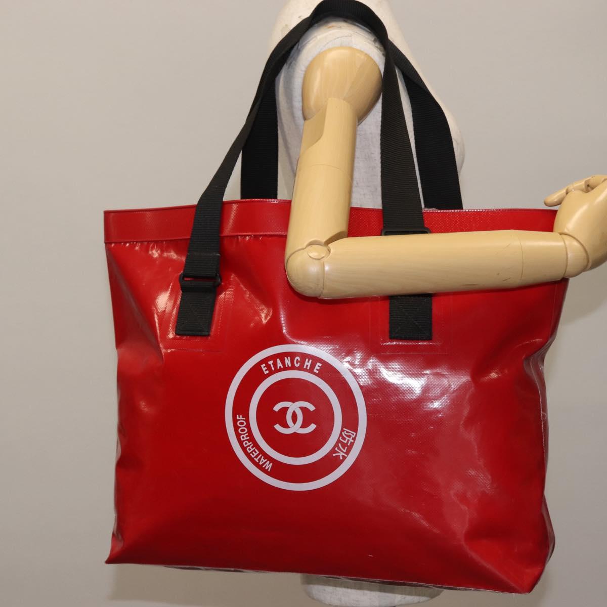 CHANEL Etanche Waterproof Tote Bag Vinyl Red CC Auth mr1520