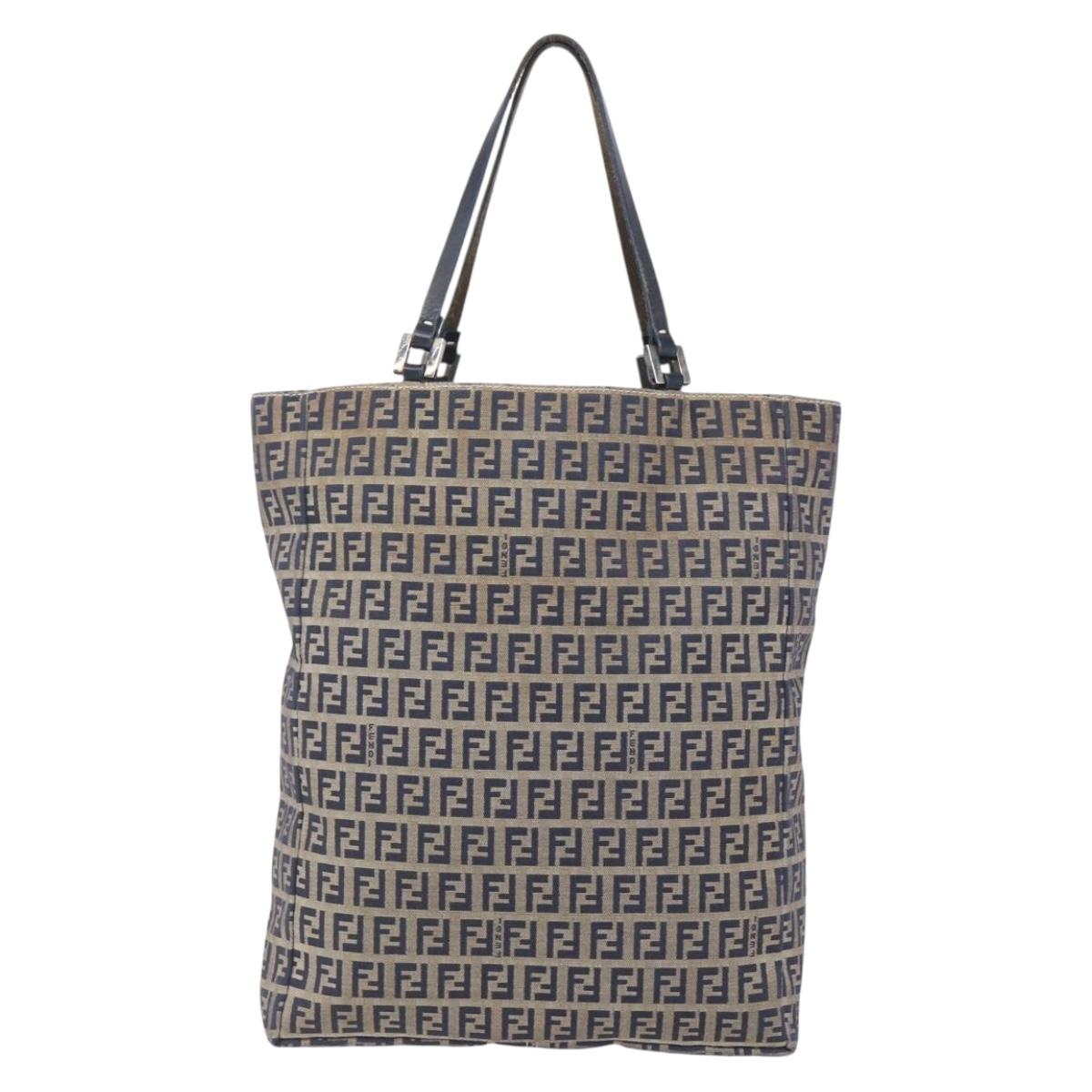 FENDI Zucchino Canvas Tote Bag Navy Silver Auth mr1524
