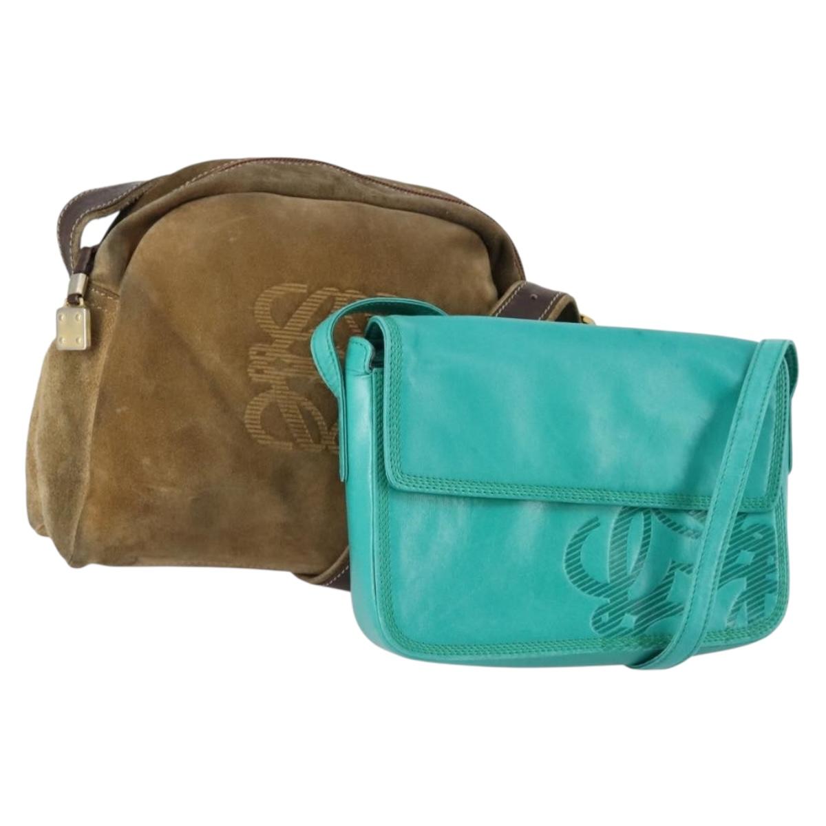 LOEWE Shoulder Bag Suede Leather 2 Set Turquoise Blue Brown Auth mr1543