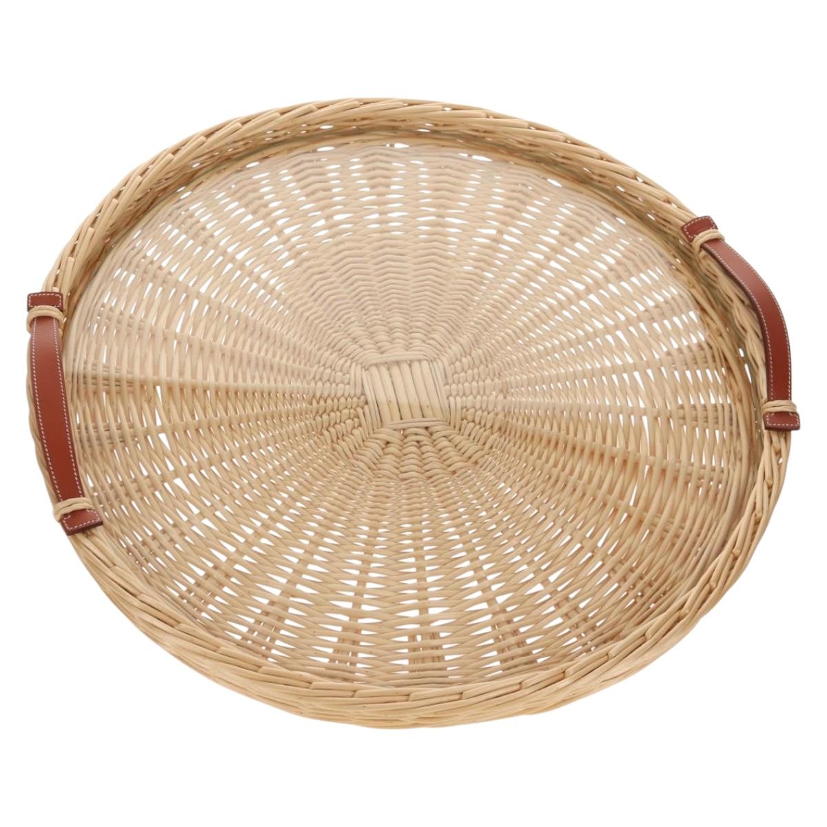 HERMES Wicker Round Tray Ozre Wood Beige Auth mr1545SAV