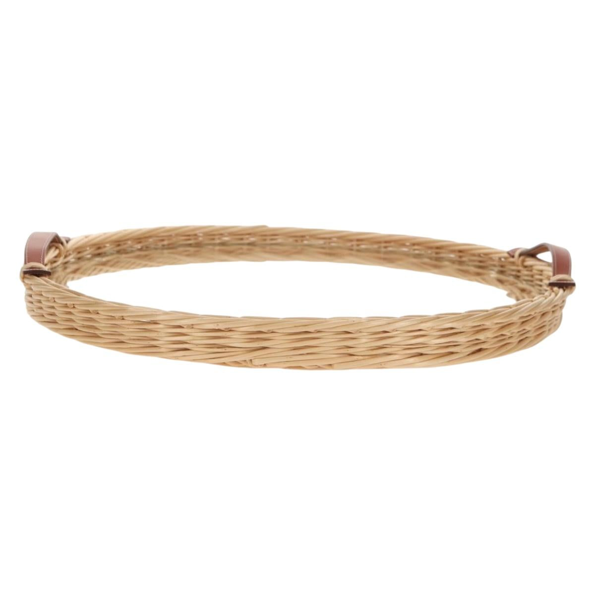 HERMES Wicker Round Tray Ozre Wood Beige Auth mr1545SAV