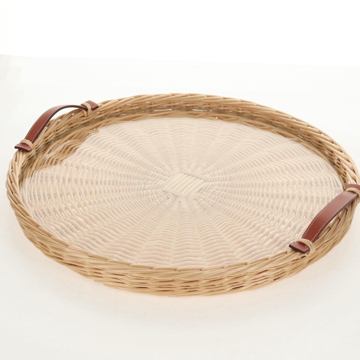 HERMES Wicker Round Tray Ozre Wood Beige Auth mr1545AV