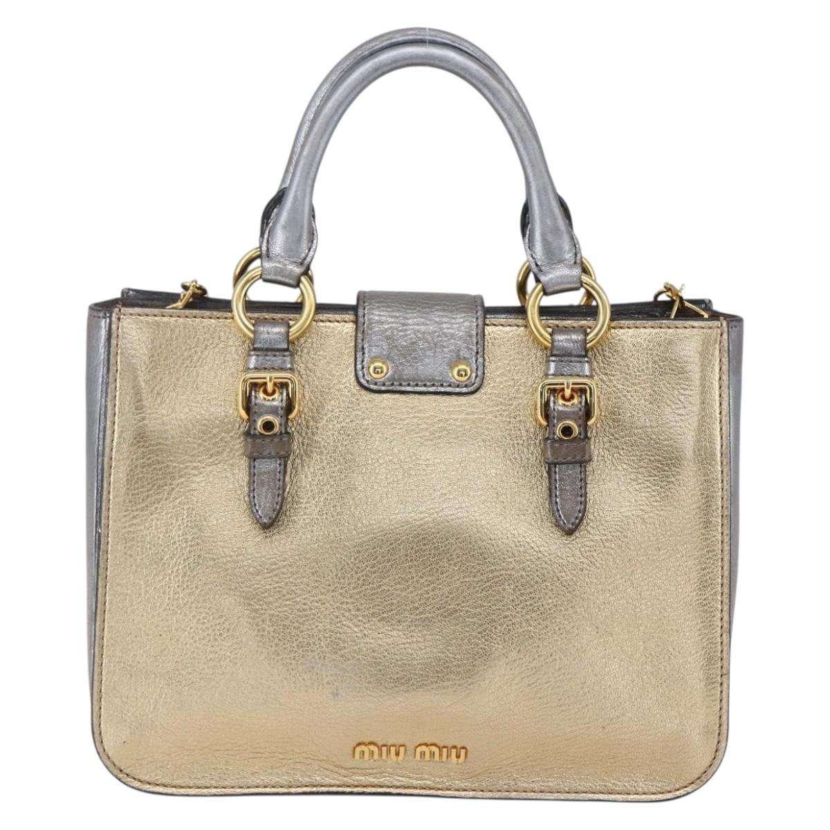 Miu Miu Madras Hand Bag Leather 2way Gold Auth mr1549