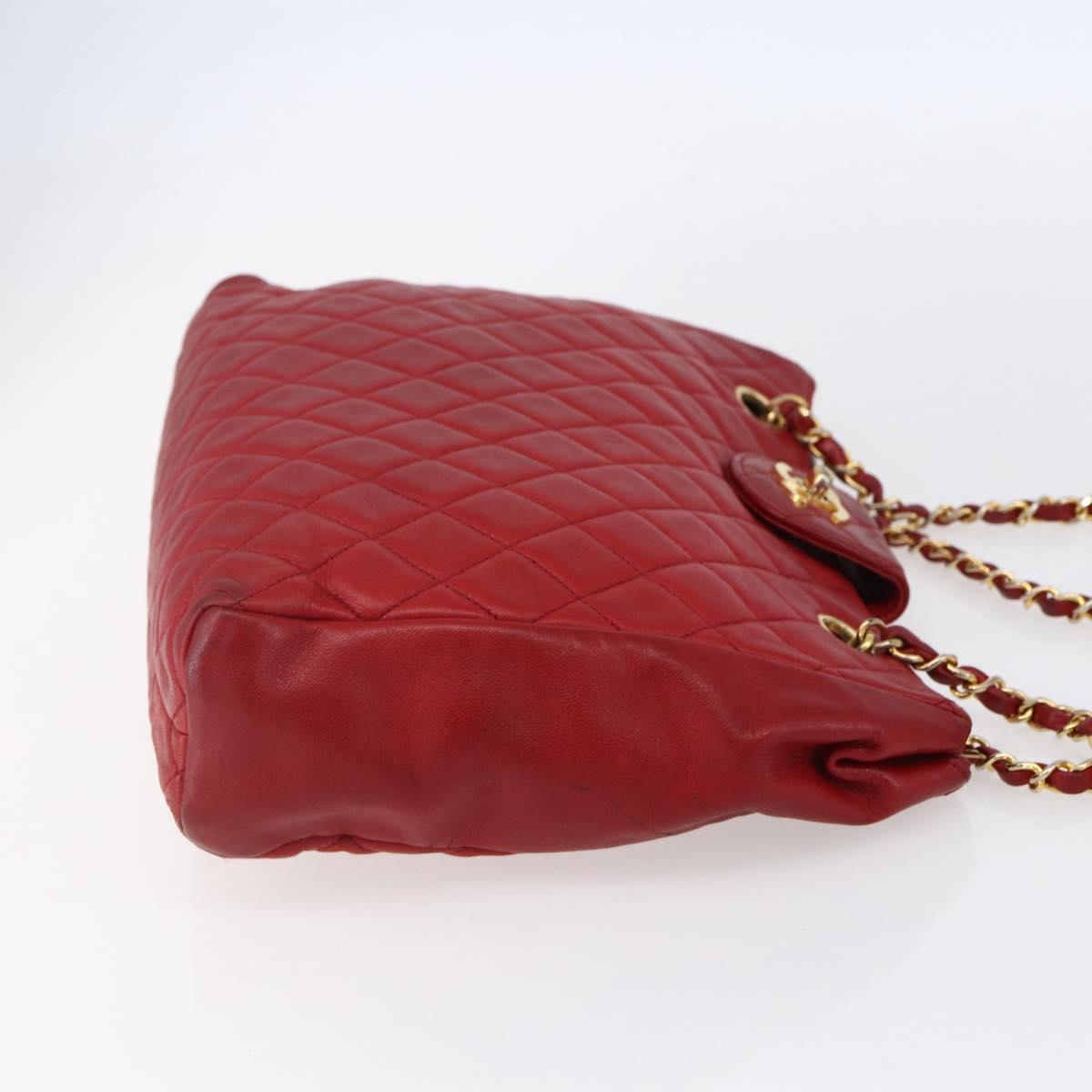 CHANEL Matelasse Chain Shoulder Bag Lamb Skin Red Gold CC Auth mr1552