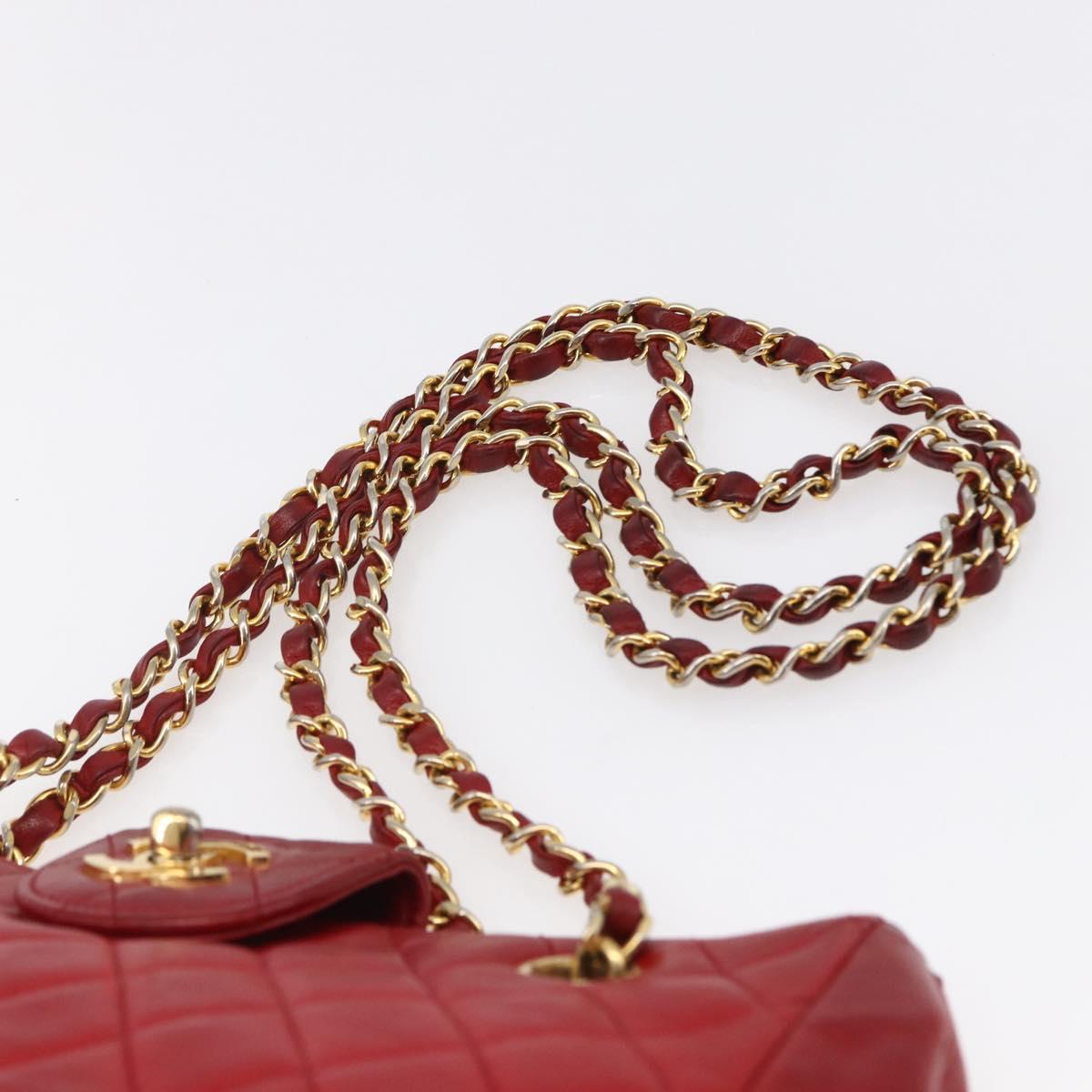 CHANEL Matelasse Chain Shoulder Bag Lamb Skin Red Gold CC Auth mr1552