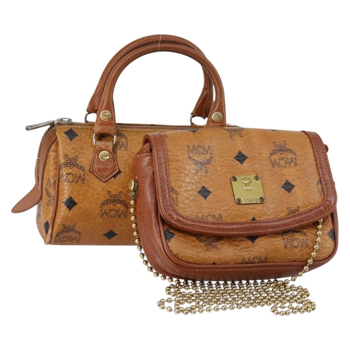 MCM Logogram Vicetos Hand Bag PVC Leather 2 Set Brown Gold Auth mr1553