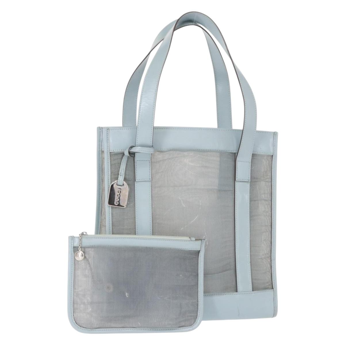 GUCCI mesh Hand Bag Nylon Light Blue Silver Auth mr1557