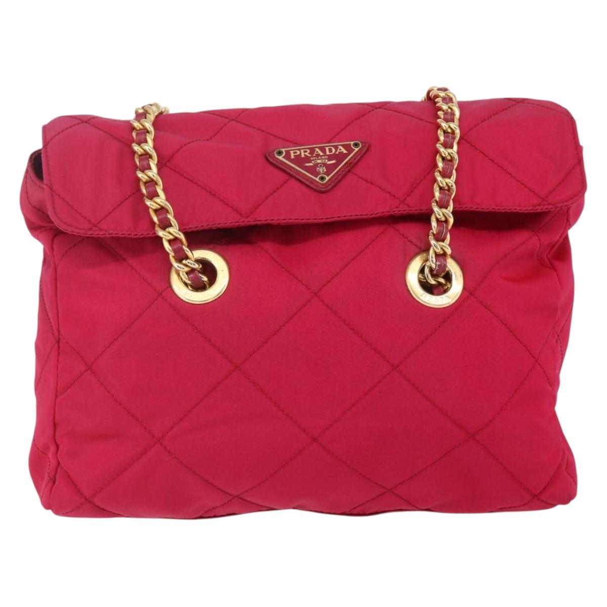 PRADA Quilted Chain Shoulder Bag Nylon Pink Gold Auth mr1558